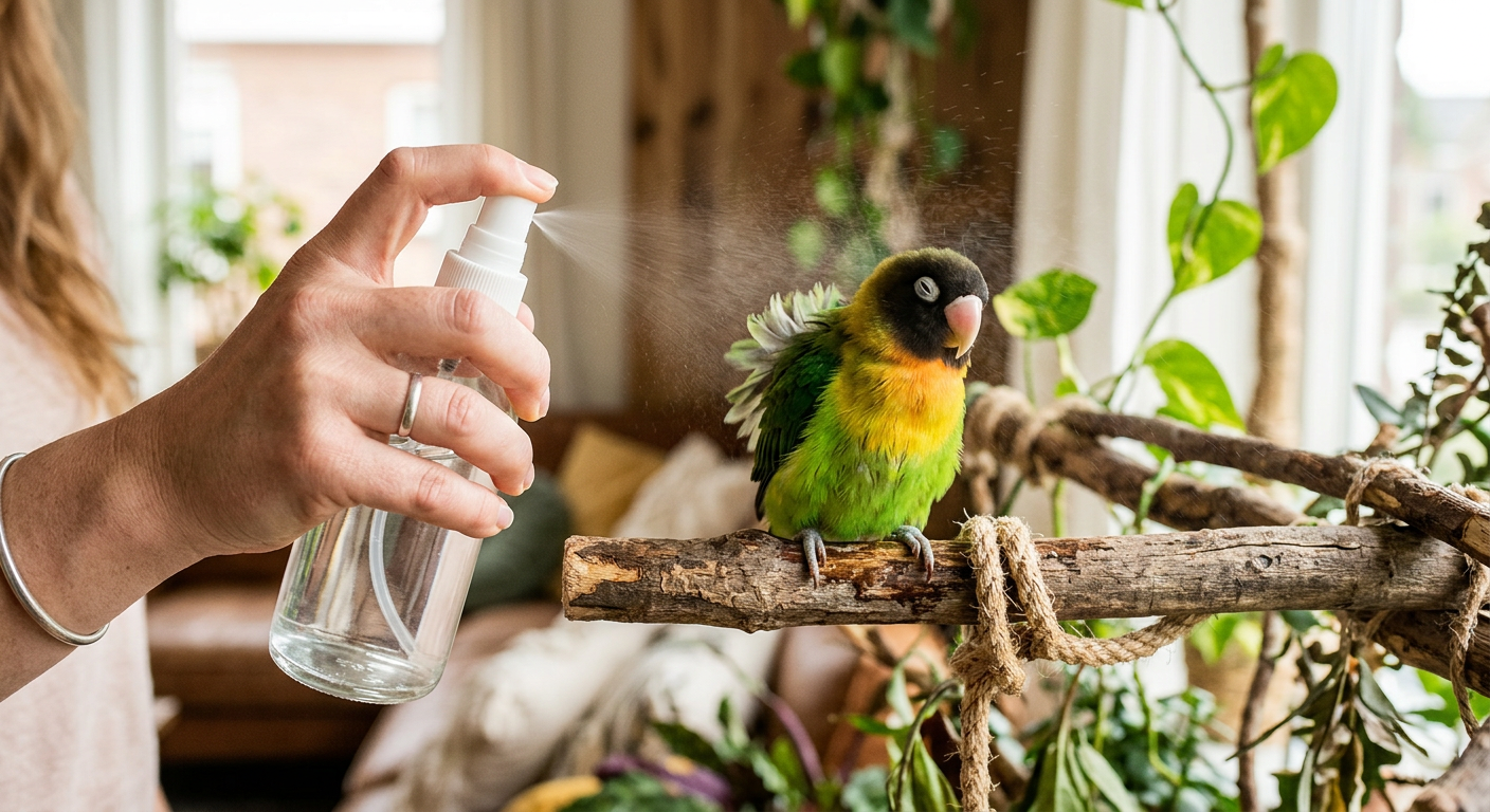 A person gently misting a lovebird with a water bottle to help with skin hydration.