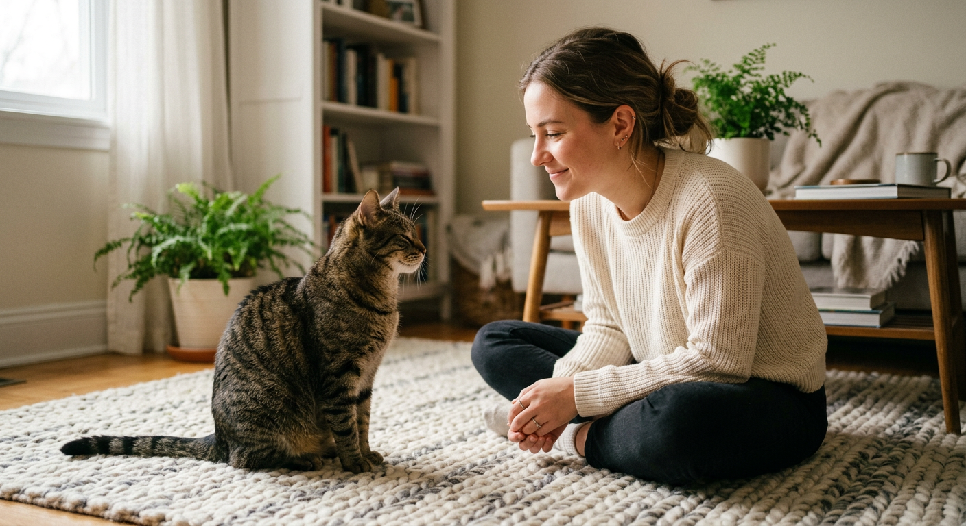 A woman sitting on a sofa slow blinking at her tuxedo cat.