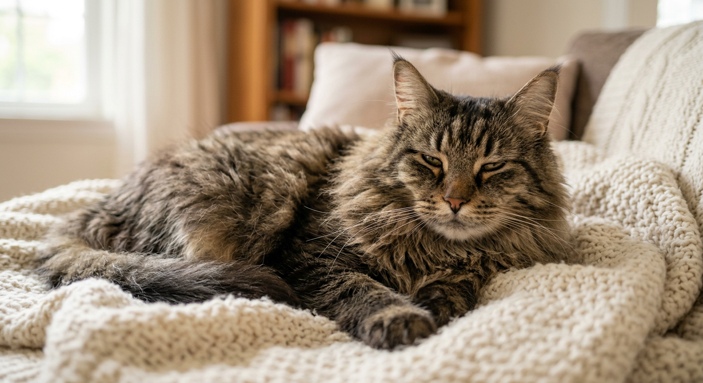 An older Maine Coon cat resting on a bed and giving a slow blink.
