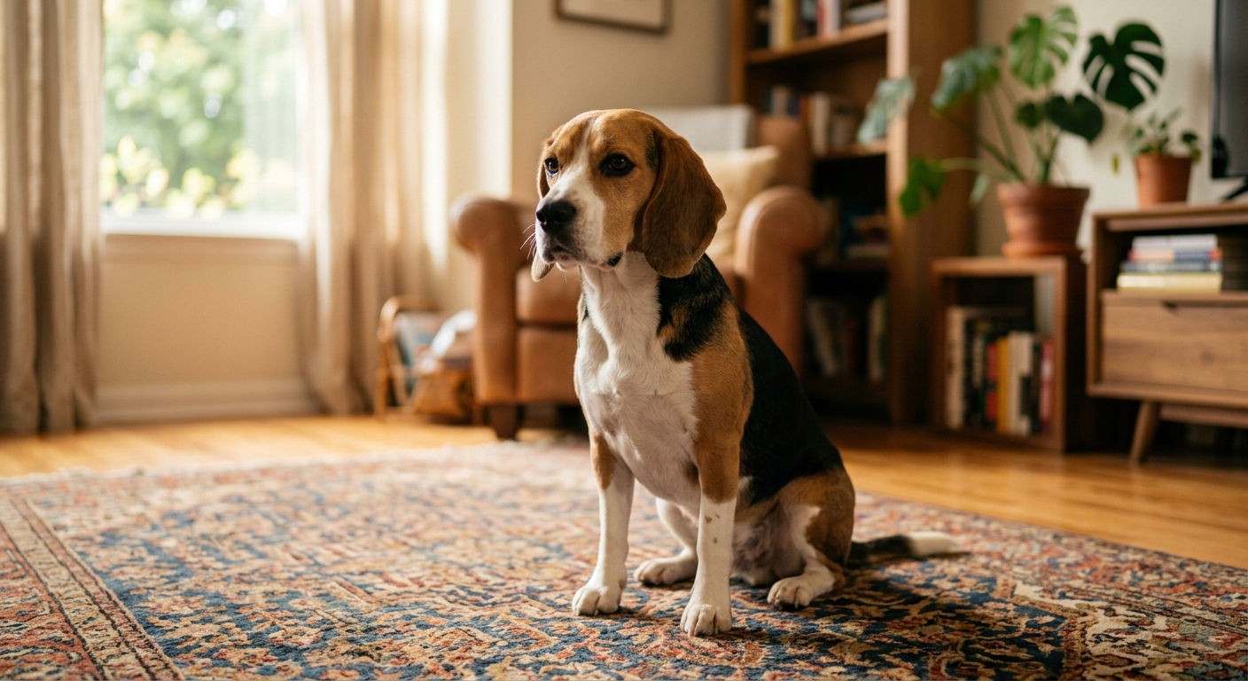 A Beagle dog sitting on a rug looking thoughtful with ears slightly back in a cozy living room.