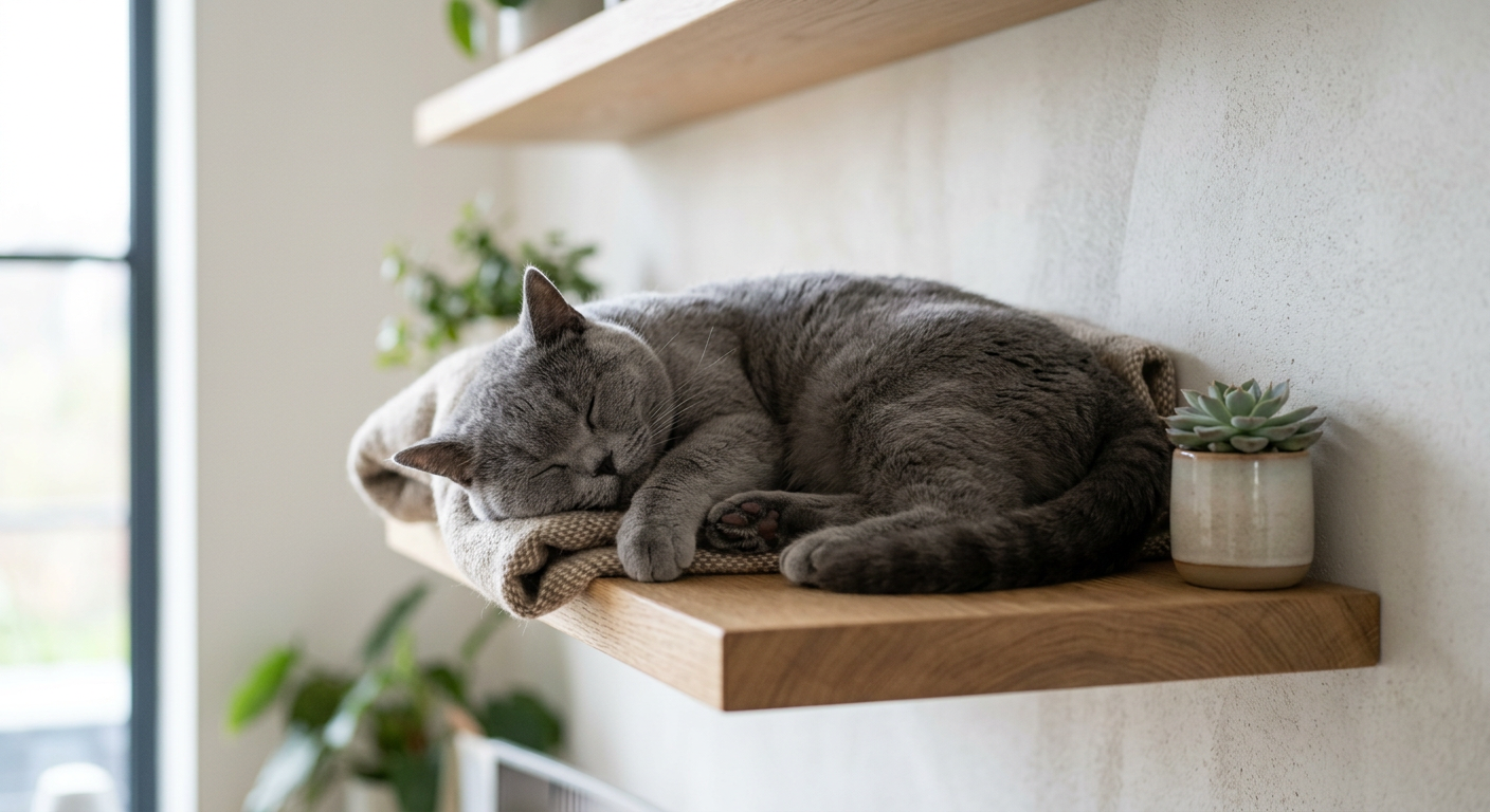 A Siamese cat sleeping peacefully on a high shelf looking secure and relaxed.