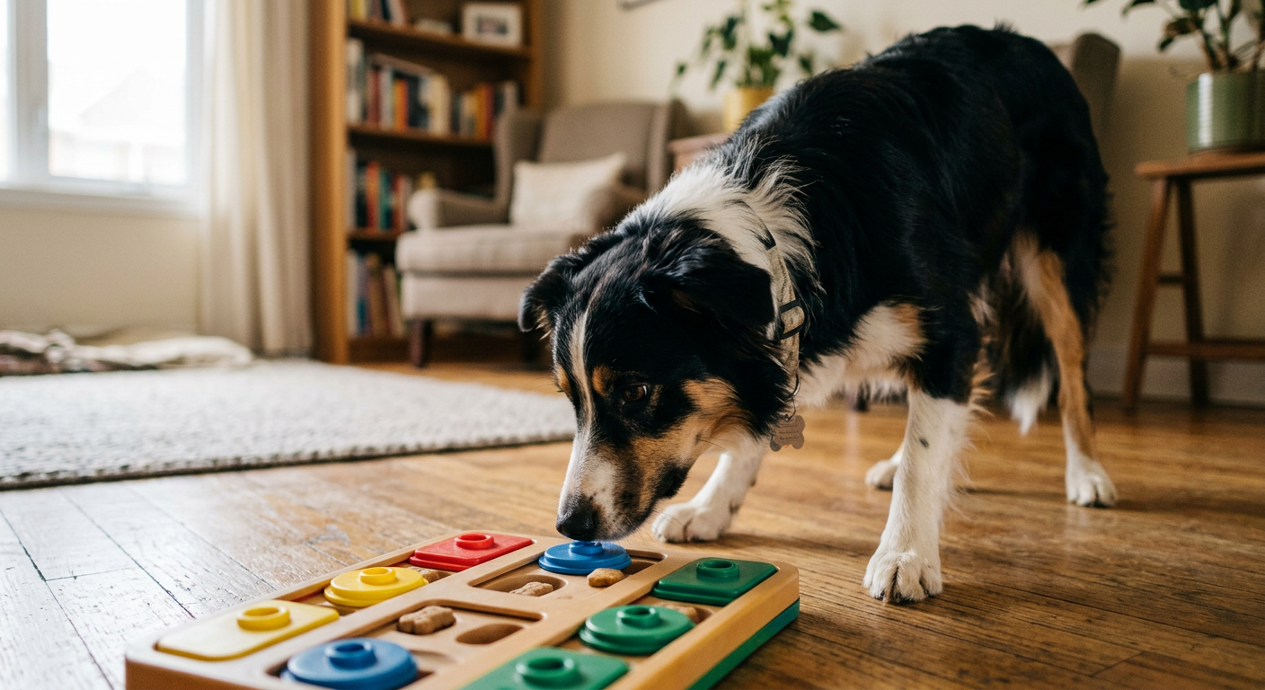 A Border Collie engaging with a colorful plastic puzzle feeder on a wooden floor.