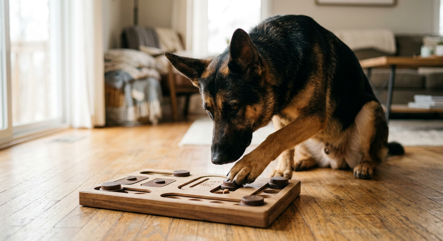 A smart Australian Shepherd focusing on a wooden interactive treat puzzle toy in a living room.