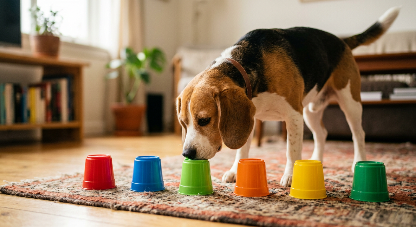 A Beagle using its nose to find hidden treats under colorful plastic cups on a rug.