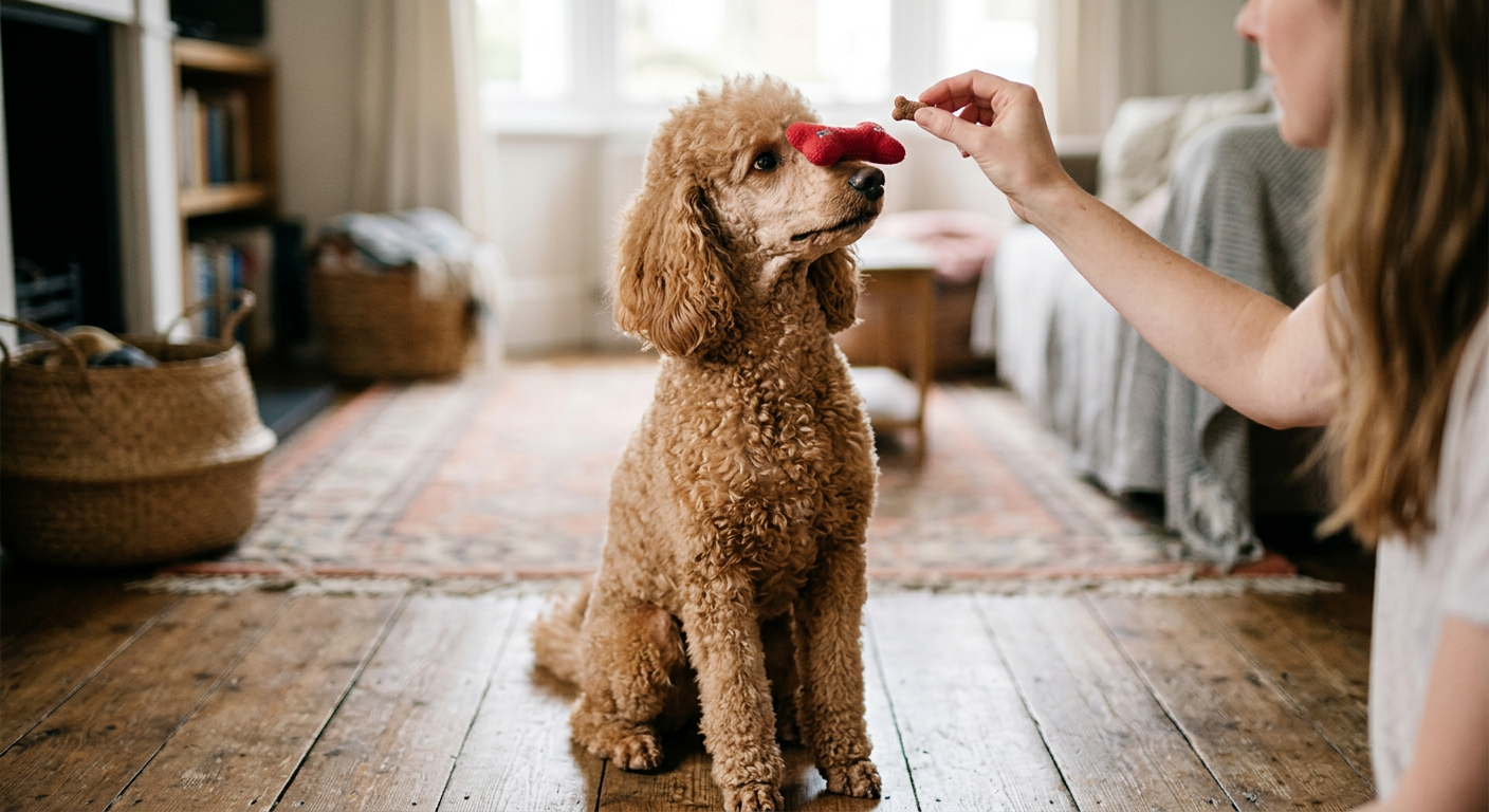 A person rewarding a Poodle with a treat after it successfully performs a trick.