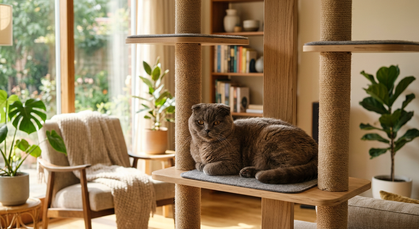 Two different breed cats, a Russian Blue and a Scottish Fold, sitting calmly on separate levels of a tall wooden cat tree in a sunlit living room.
