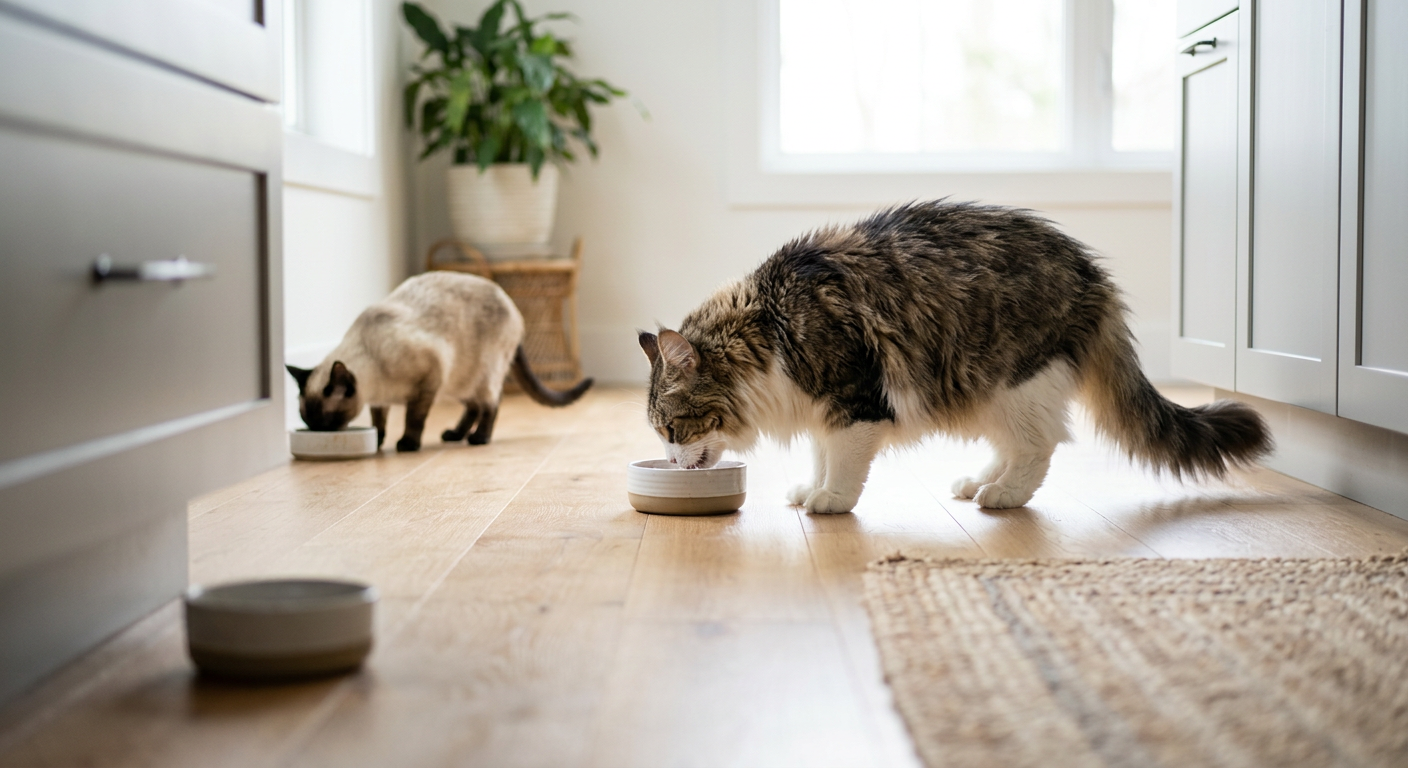 A Siamese cat and a Maine Coon cat eating from separate bowls at opposite ends of a clean, modern kitchen floor.