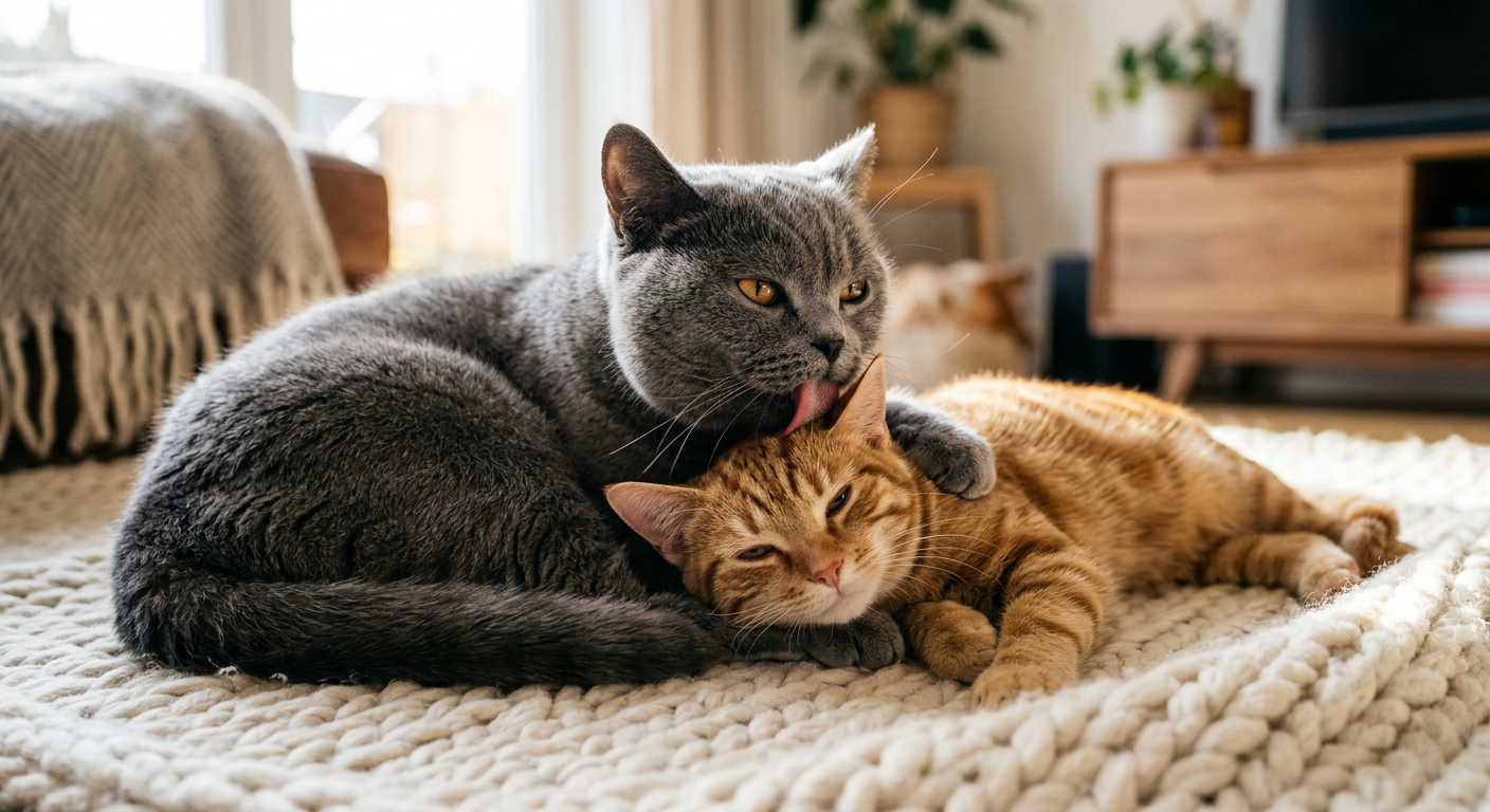 A British Shorthair cat gently licking the ear of a ginger tabby cat while they lounge together on a soft grey rug.