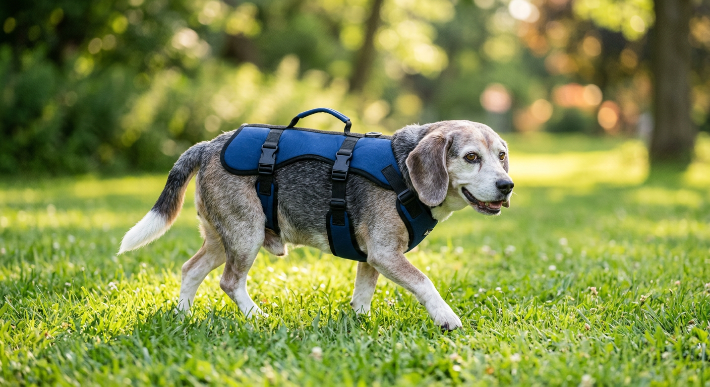 A senior Beagle walking slowly on a grassy path with a supportive harness held by an owner.