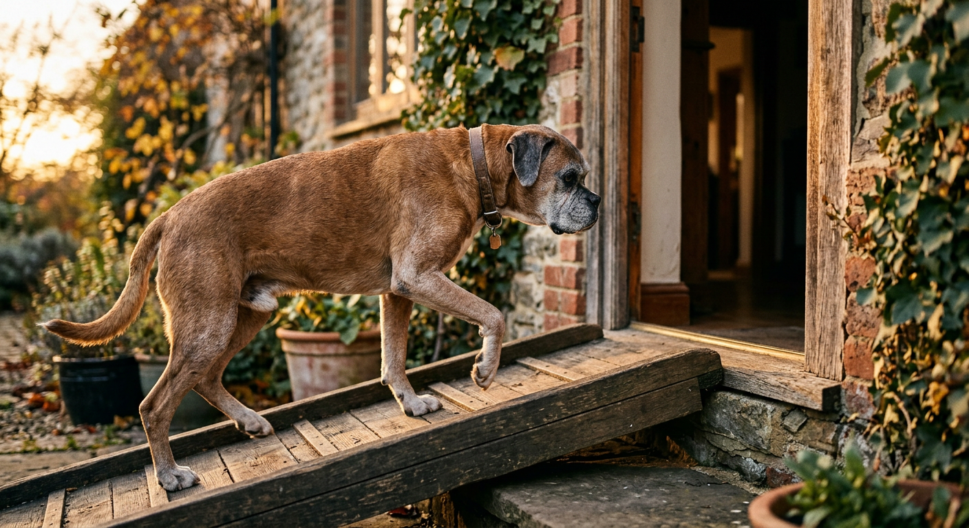 An older Boxer dog using a wooden ramp to enter a house to avoid stairs.