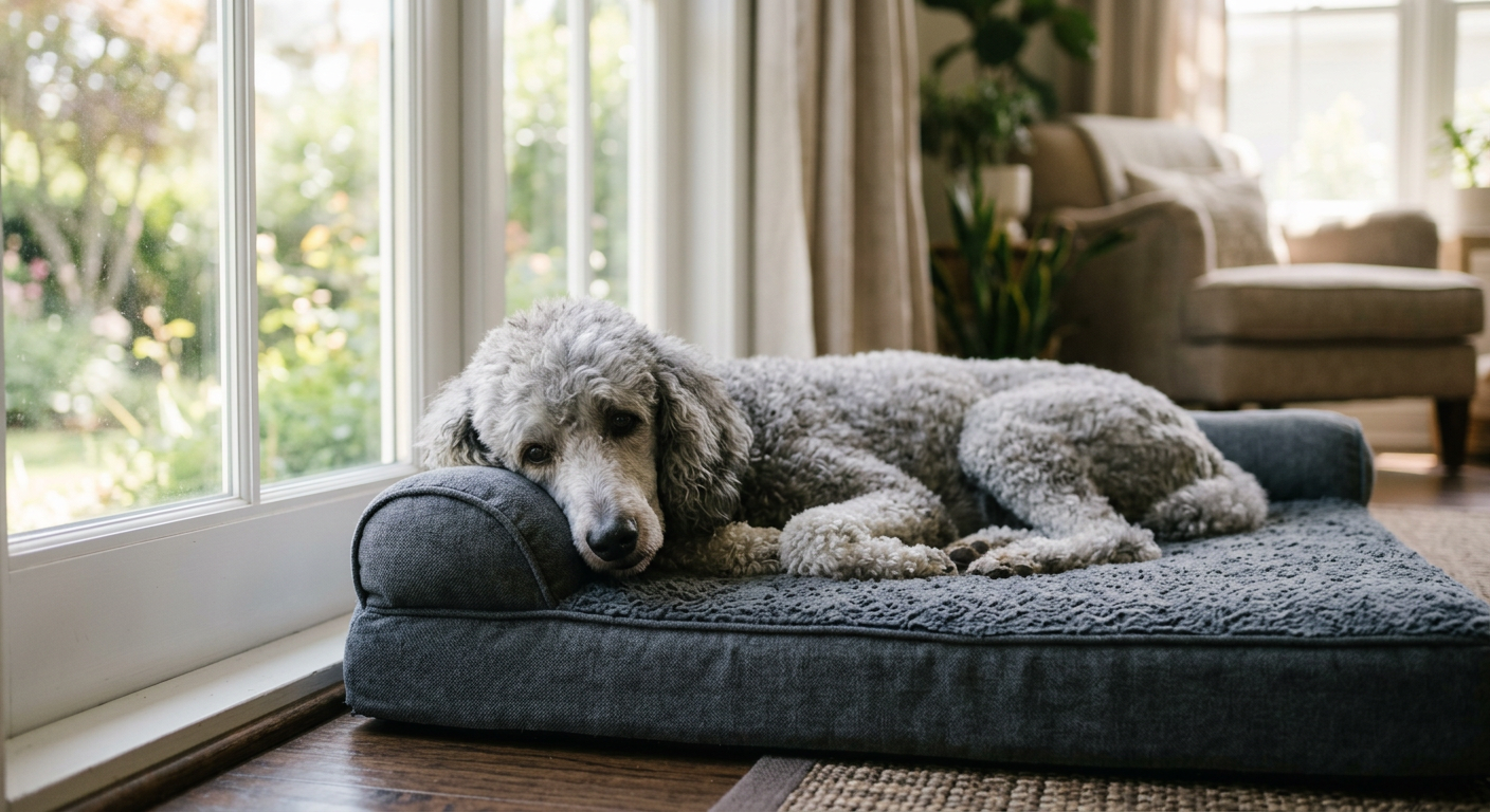 A senior Poodle resting comfortably on a thick grey orthopedic pet bed in a sunlit room.