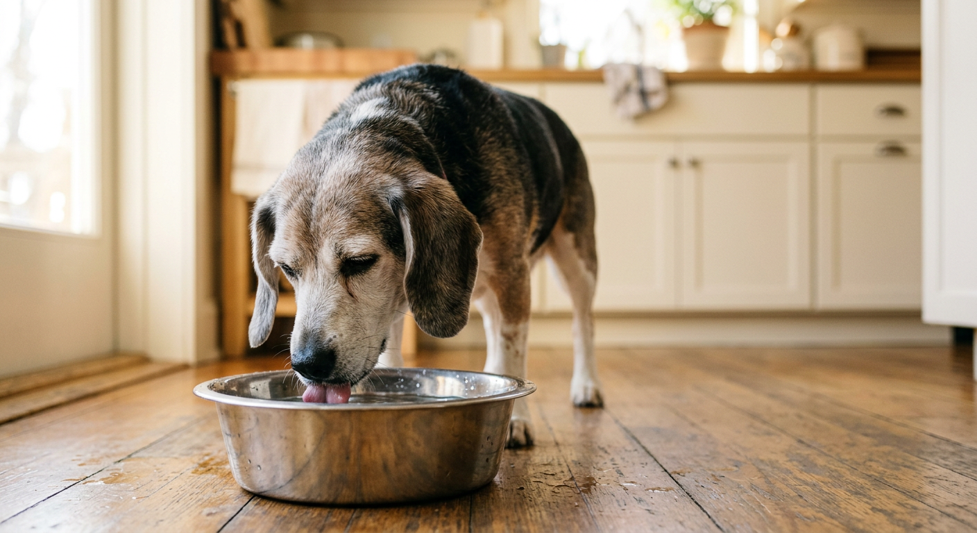 An older Beagle dog drinking water from a stainless steel bowl on a kitchen floor.