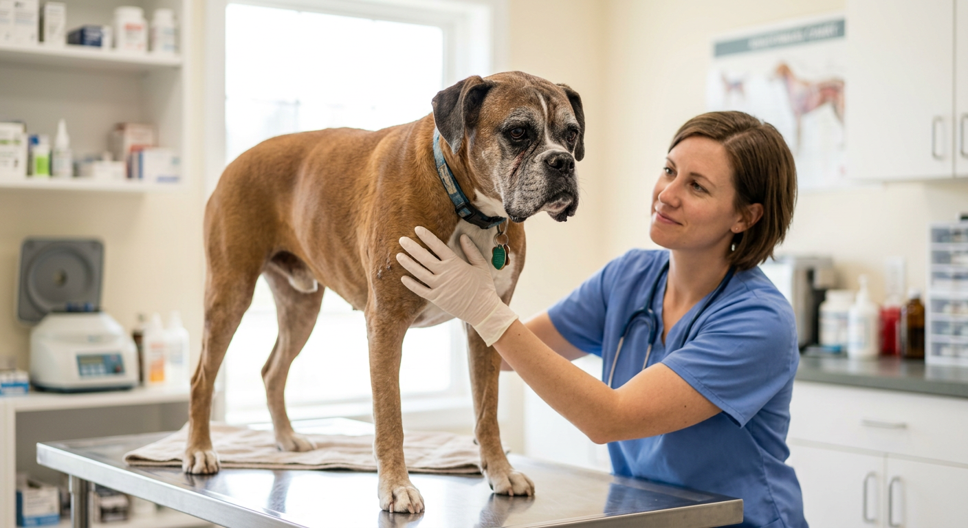A veterinarian gently examining a senior Boxer dog in a bright clinic setting.
