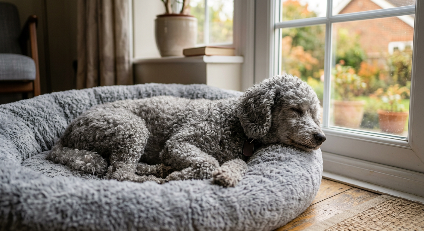 A calm senior Poodle resting on a soft dog bed in a cozy living room.