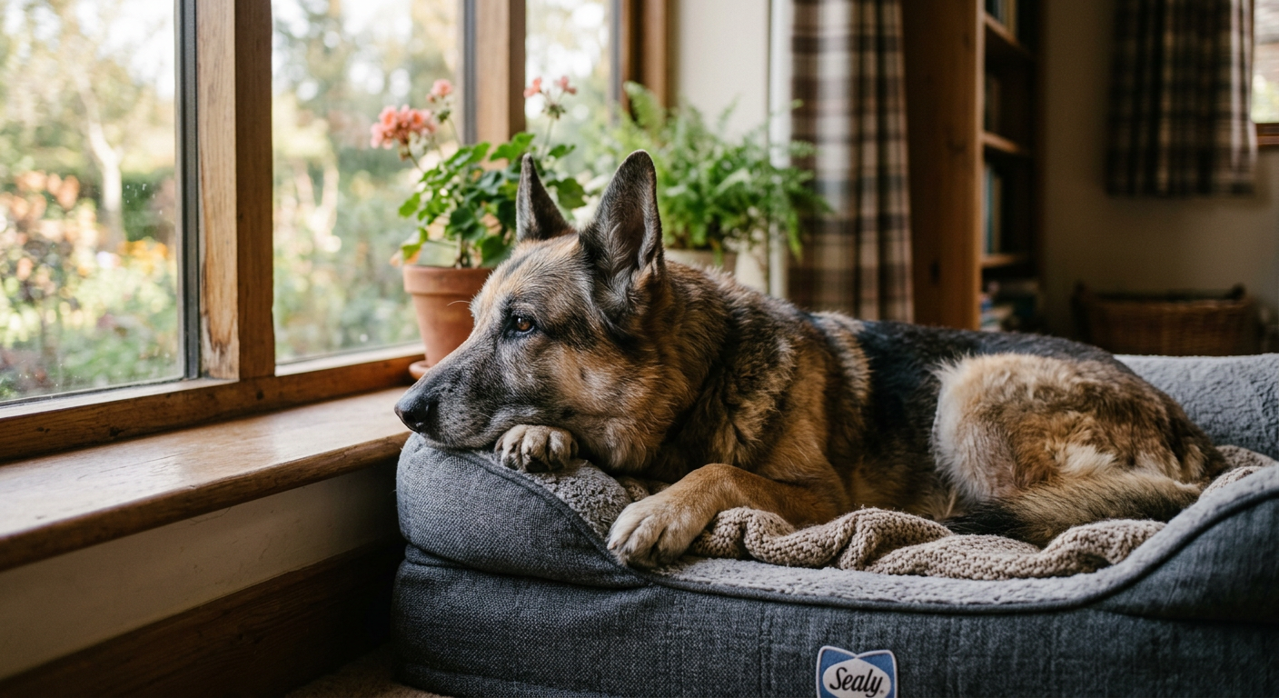 A senior German Shepherd dog resting peacefully on a soft orthopedic bed in a sunny living room.