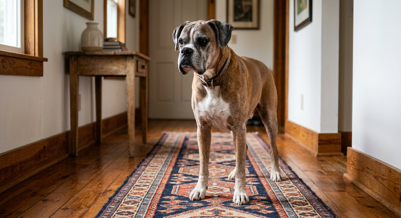 A senior Boxer dog standing on a non-slip rug to prevent slipping on hardwood floors.