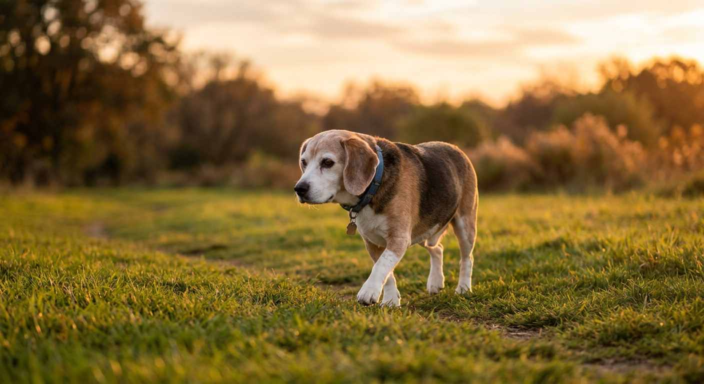 A senior Beagle dog walking slowly and happily on a lush green grass path.