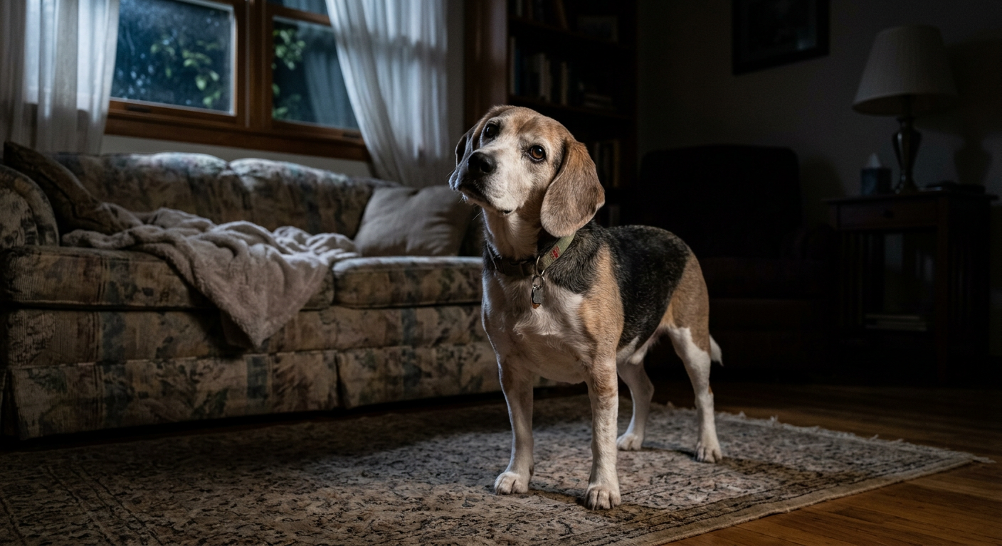 A senior Beagle standing in a dark living room looking slightly disoriented near a sofa.