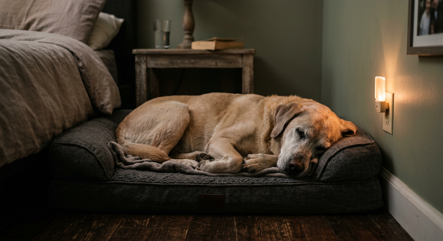 A senior Labrador sleeping comfortably next to a small plug-in night light for safety.