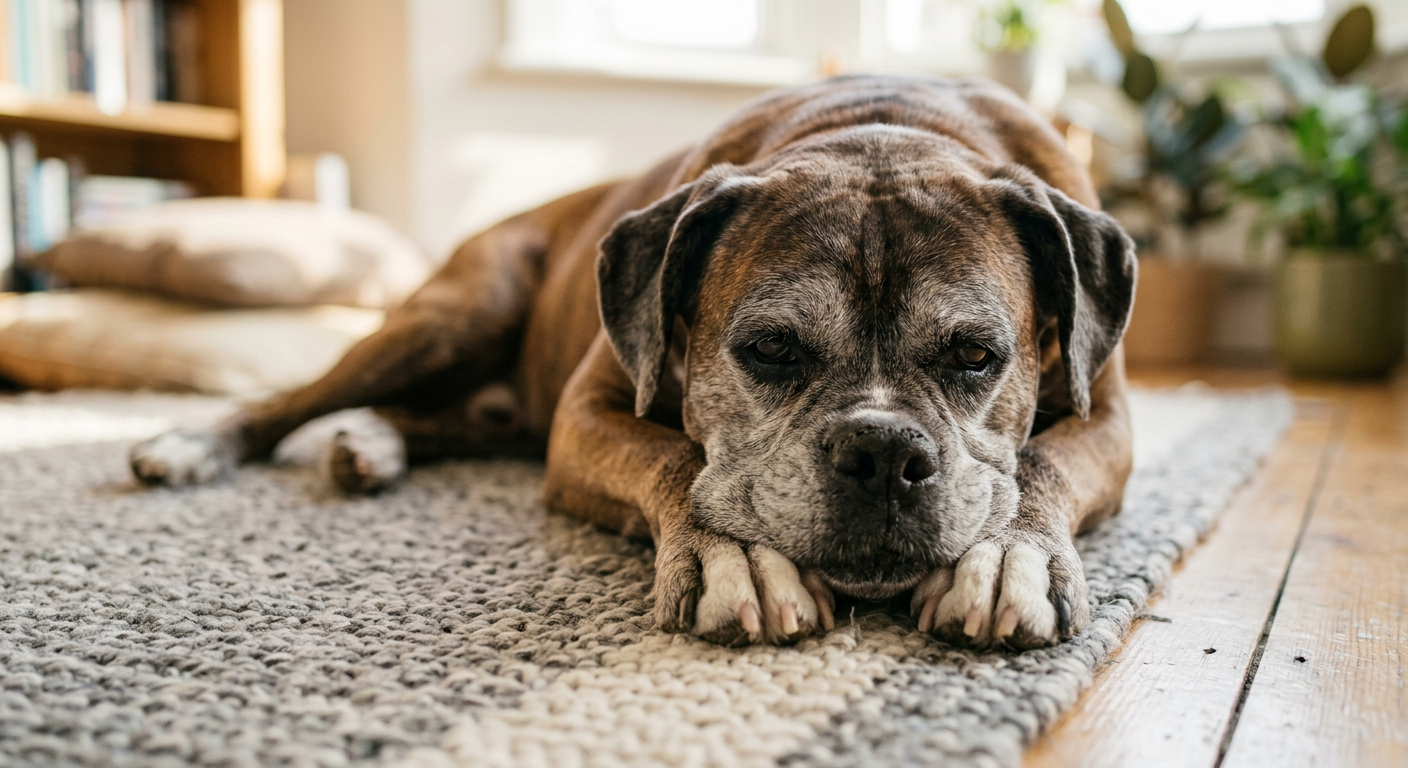 A grey-muzzled Boxer resting peacefully on a soft rug in a sunlit room.