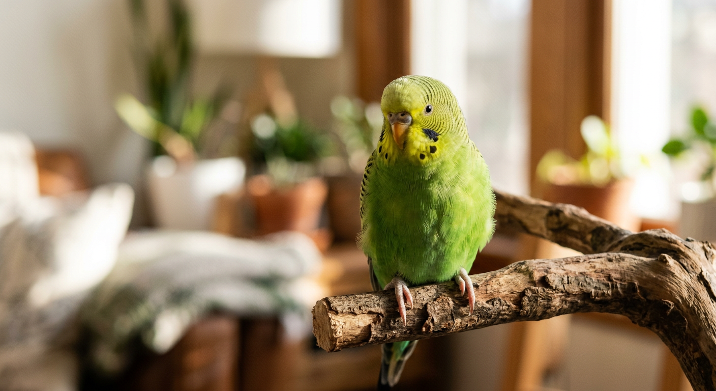 A bright green parakeet sitting comfortably on a wooden perch with its feathers slightly puffed out in a sunny room.