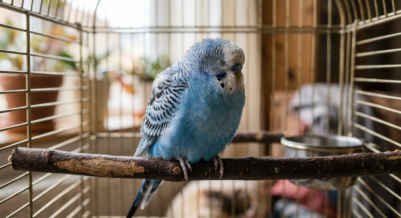 A blue parakeet sitting quietly with heavily puffed feathers and eyes half-closed on a cage perch.