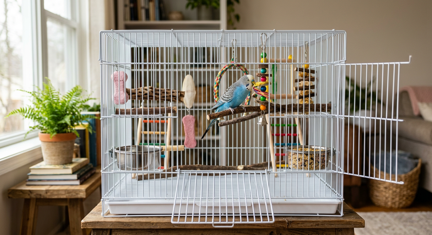 A clean and organized bird cage with a parakeet and colorful toys near a bright window.