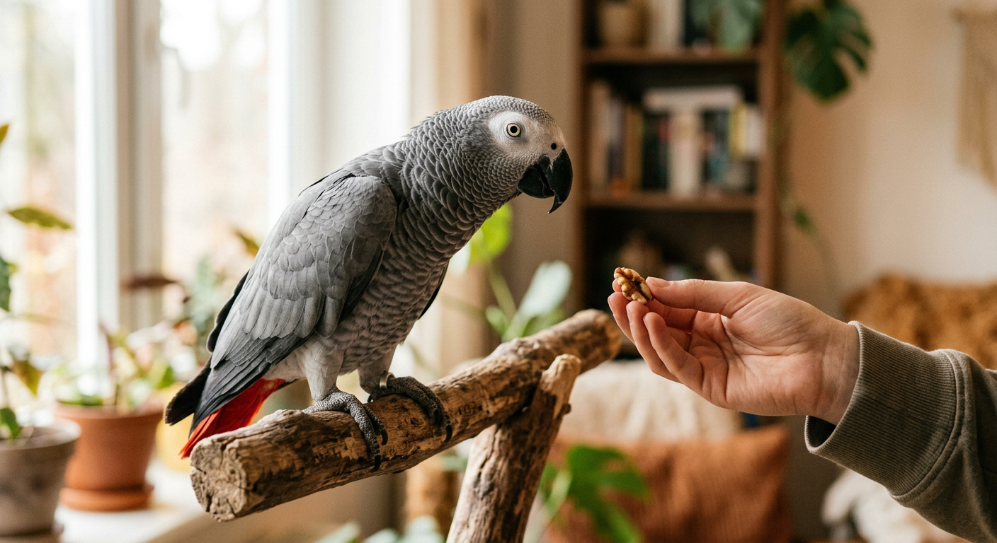An African Grey parrot looking curiously at a human hand while perched inside a colorful cage.