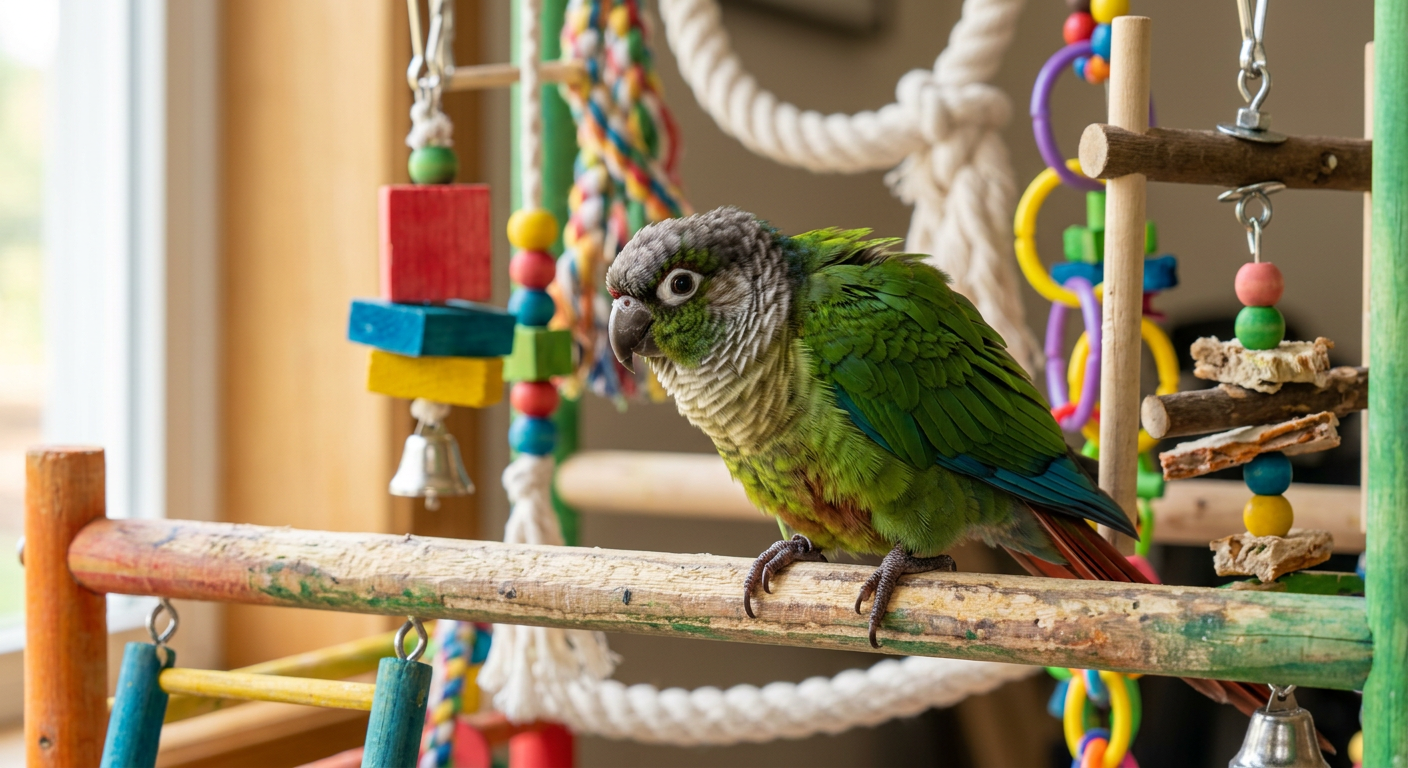 A vibrant Green Cheek Conure fluffing its feathers while sitting on a play gym.