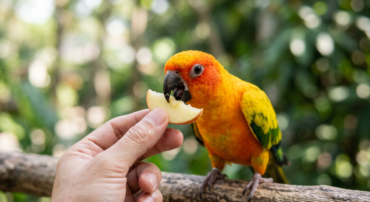 A person offering a piece of fruit to a Sun Conure parrot to build trust.