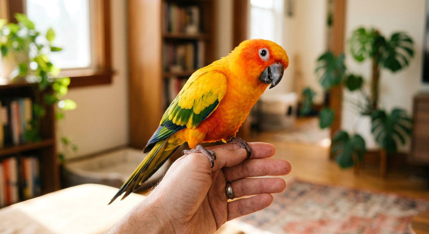 A colorful South American parrot bobbing its head and interacting closely with its owner's hand indoors.