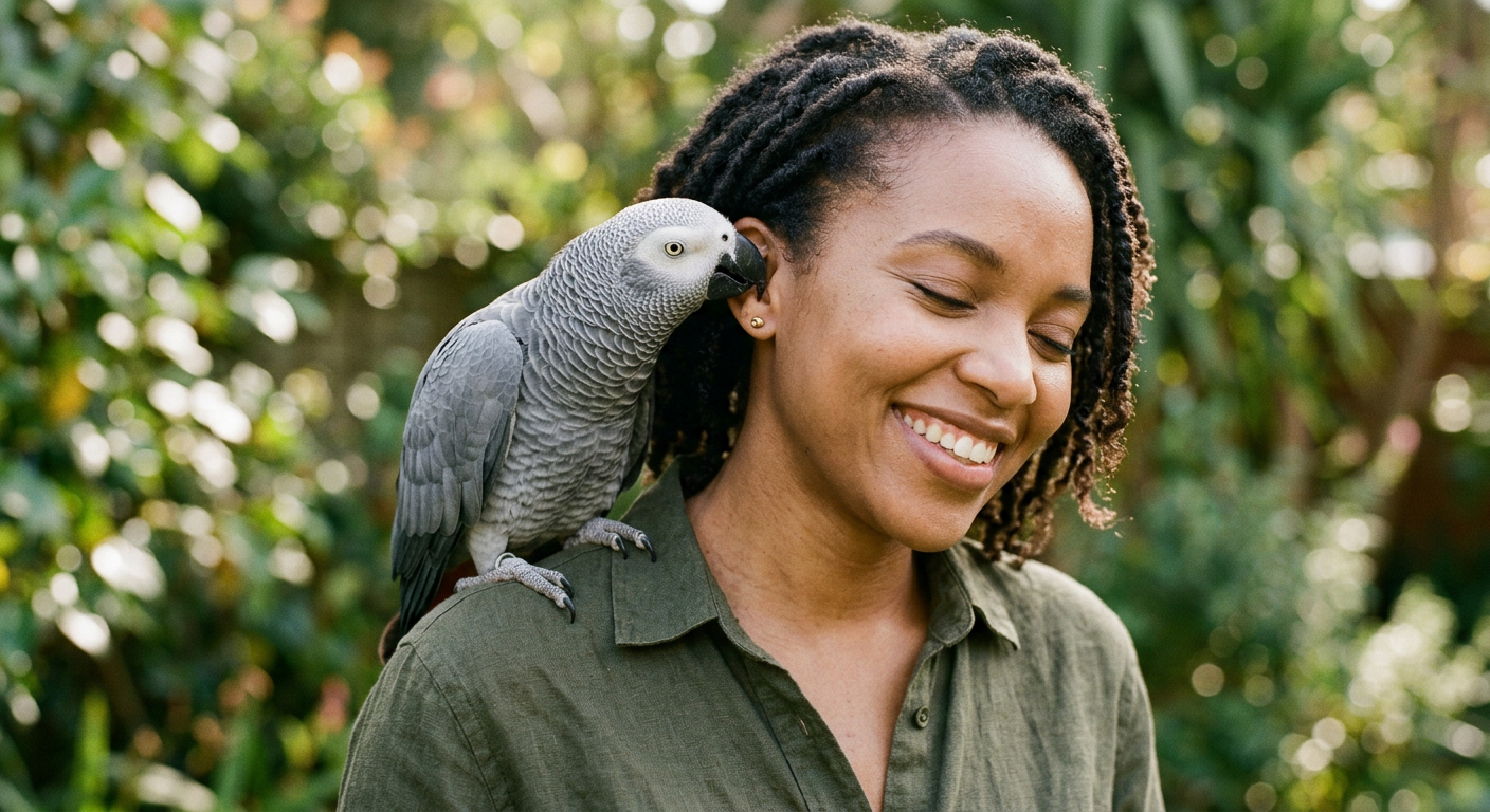 A medium-sized parrot sitting on a shoulder, showing signs of affection toward a person.