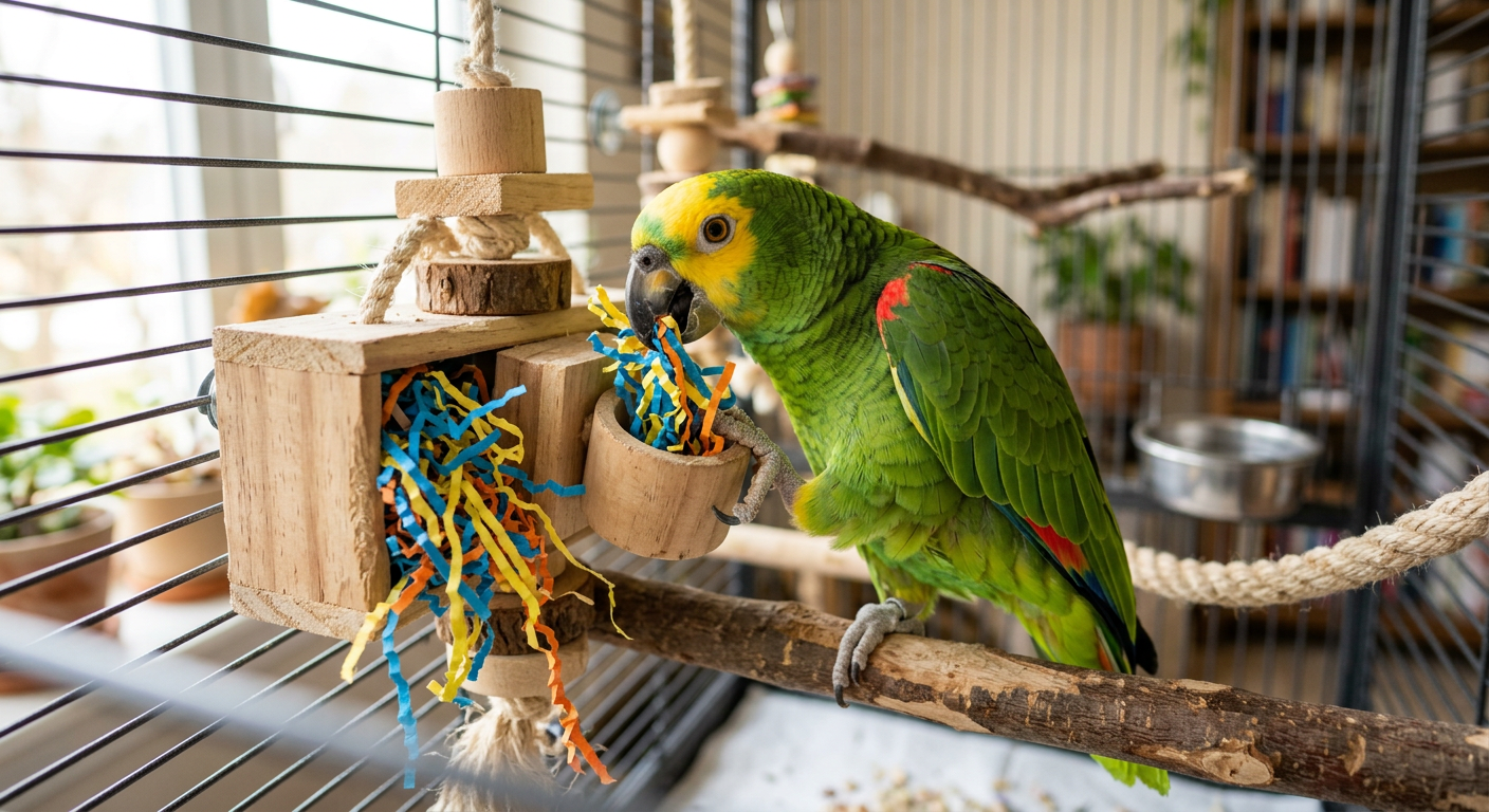 A healthy parrot playing with a wooden foraging toy in a well-lit bird environment.
