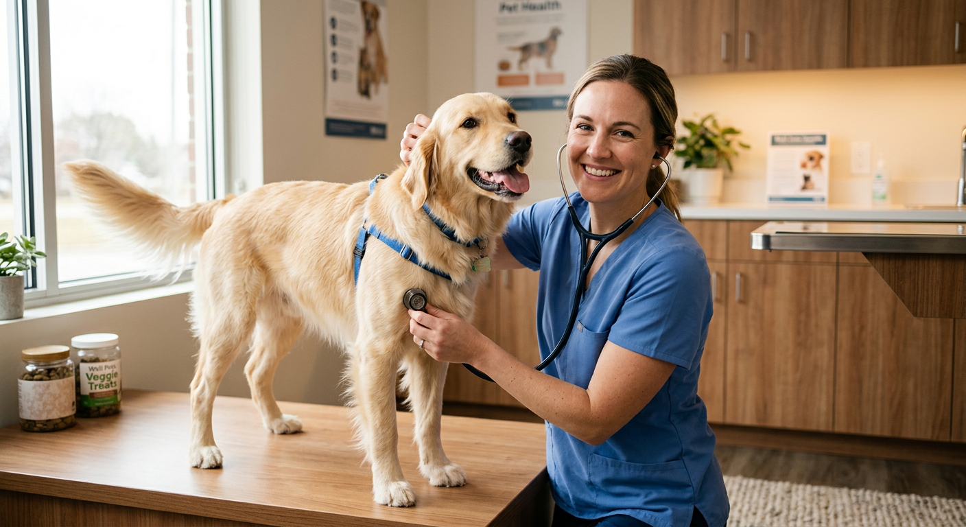 A veterinarian performing a gentle wellness check on a smiling golden retriever in a bright clinic.
