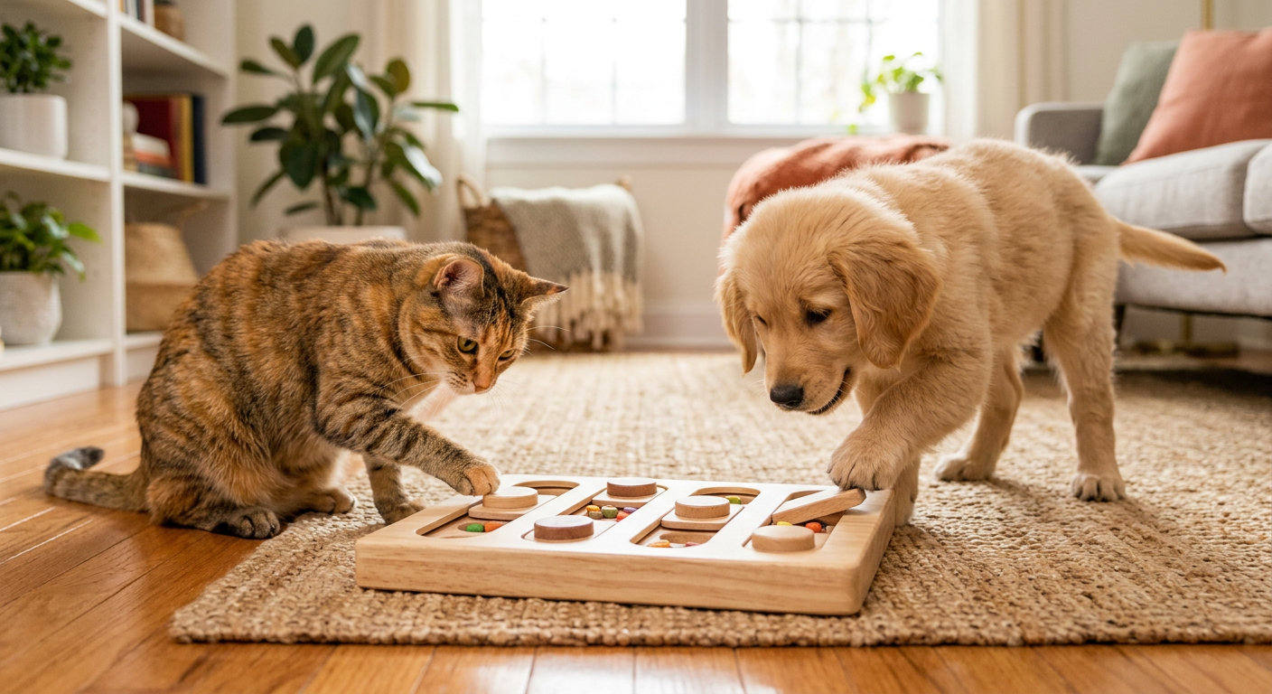 A healthy cat and dog playing together with a puzzle toy in a sunny living room.