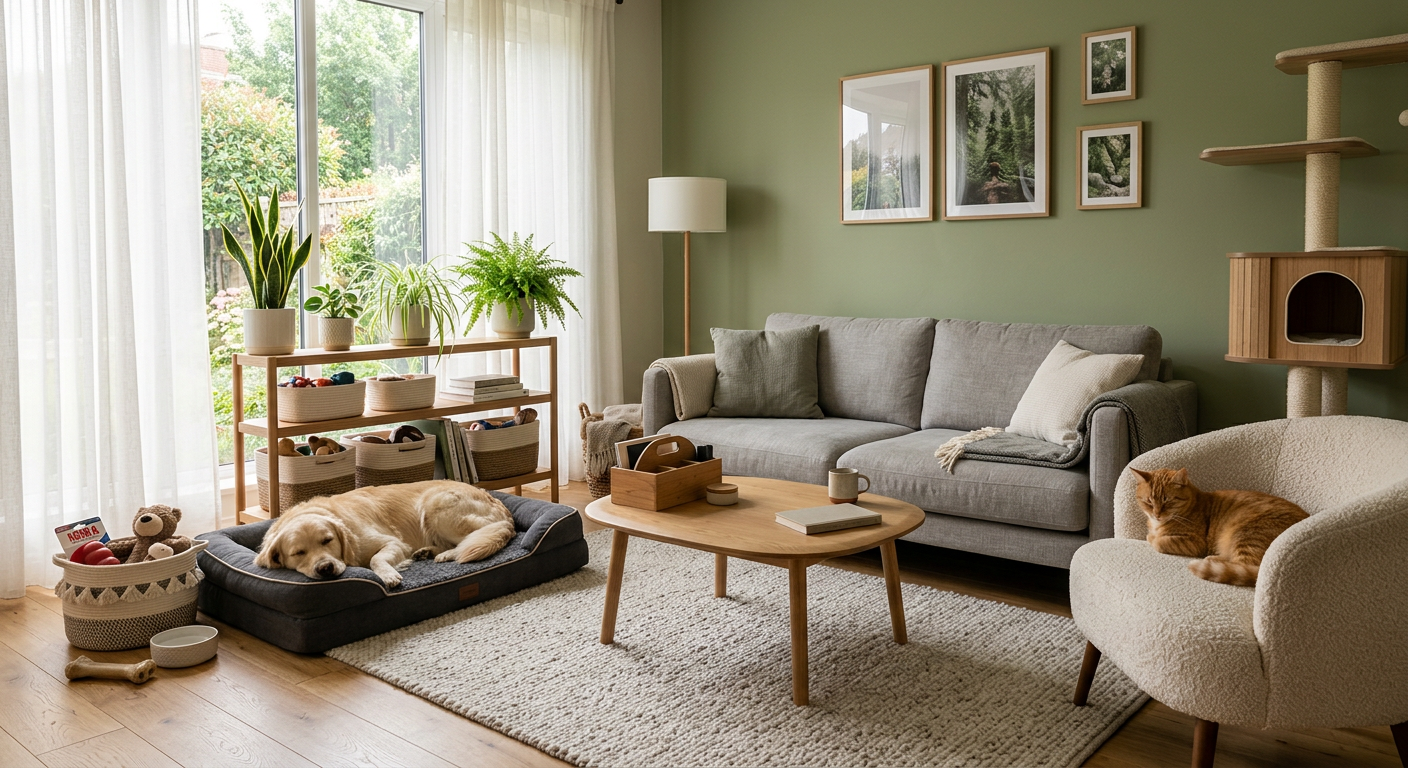A cozy, safe indoor pet corner with a soft bed, water fountain, and non-toxic plants.