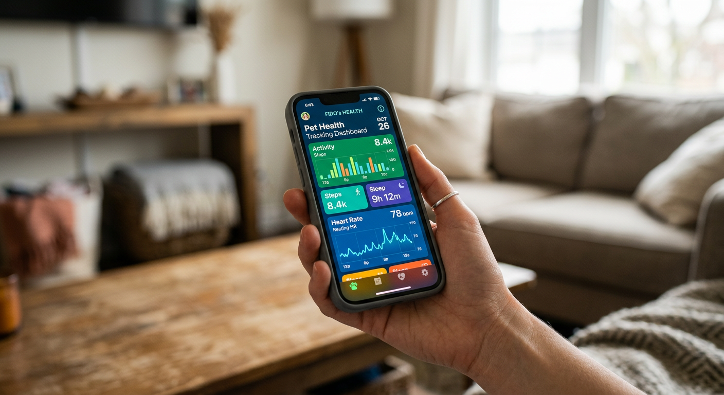 A focused view of a smartphone screen showing a pet health app dashboard with activity graphs and a Beagle icon.