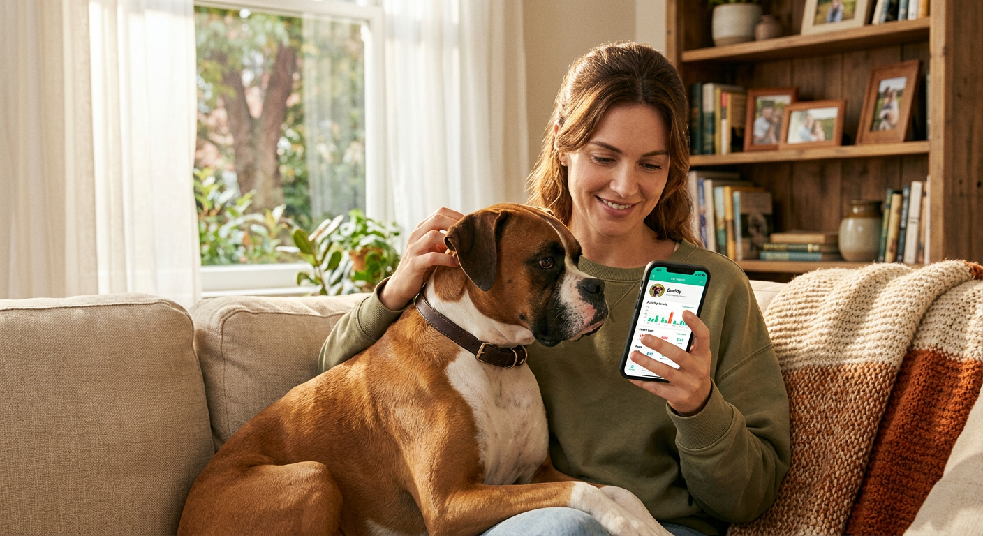 A woman sitting on a sofa with her Boxer dog, looking at a pet health app on her phone.
