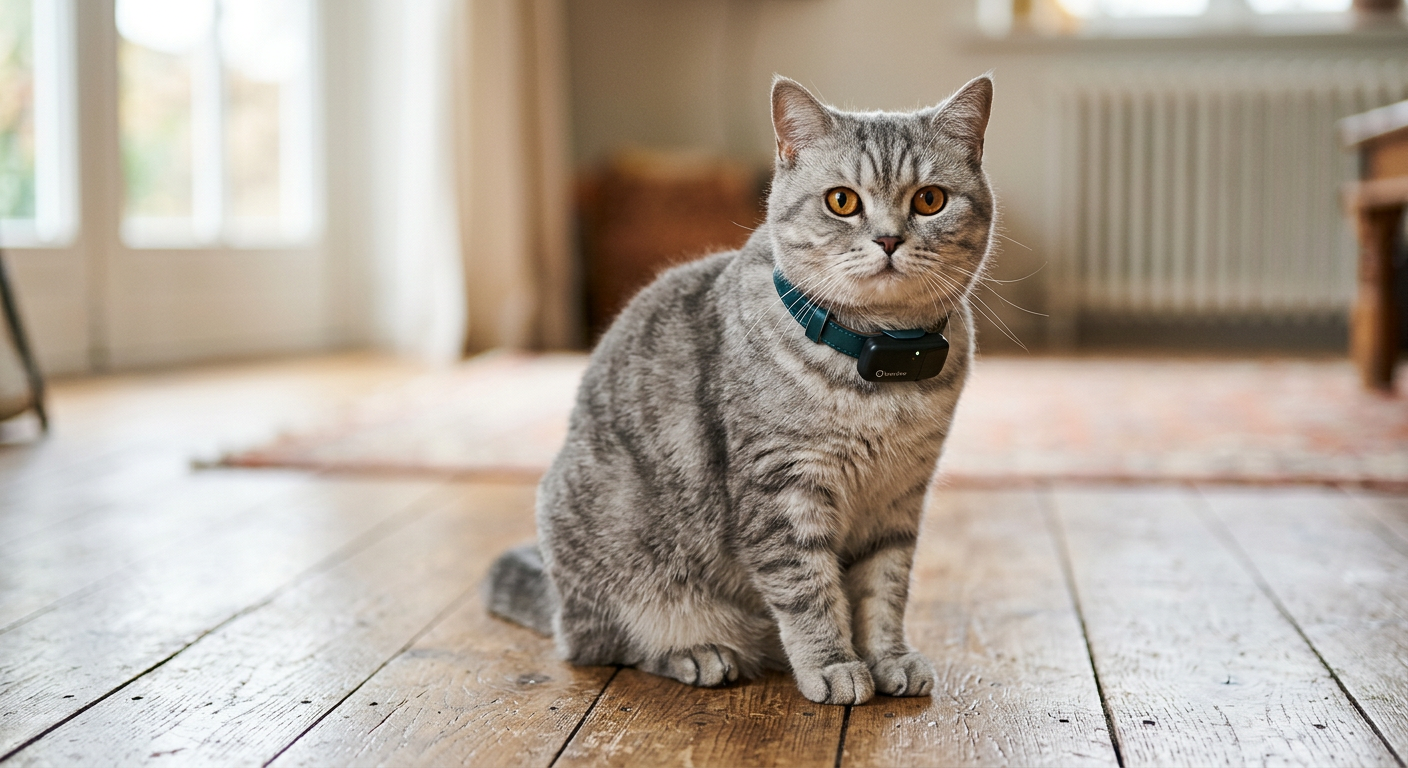 A fluffy British Shorthair cat wearing a small, sleek tracking device on its collar.