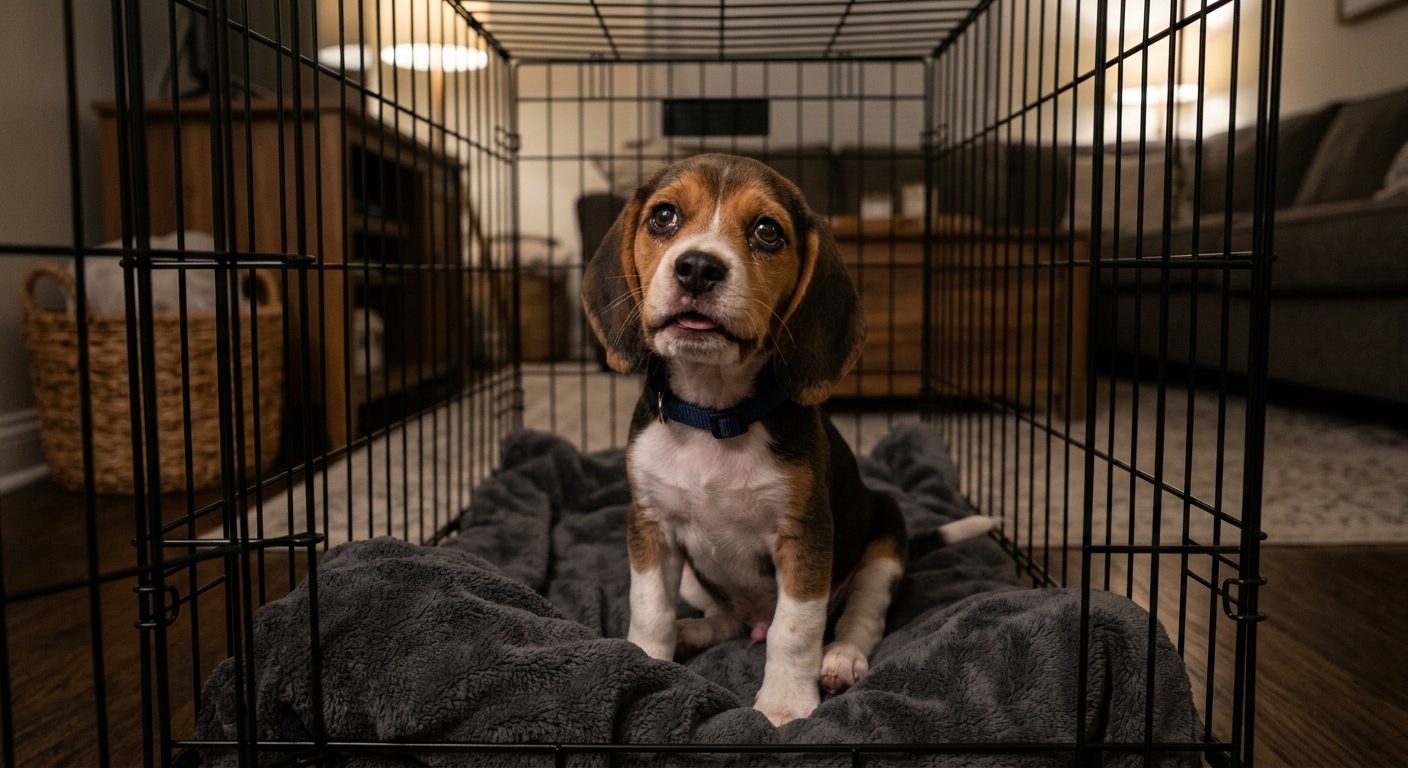A small Beagle puppy sitting in a modern wire crate looking sad and vocalizing at night.