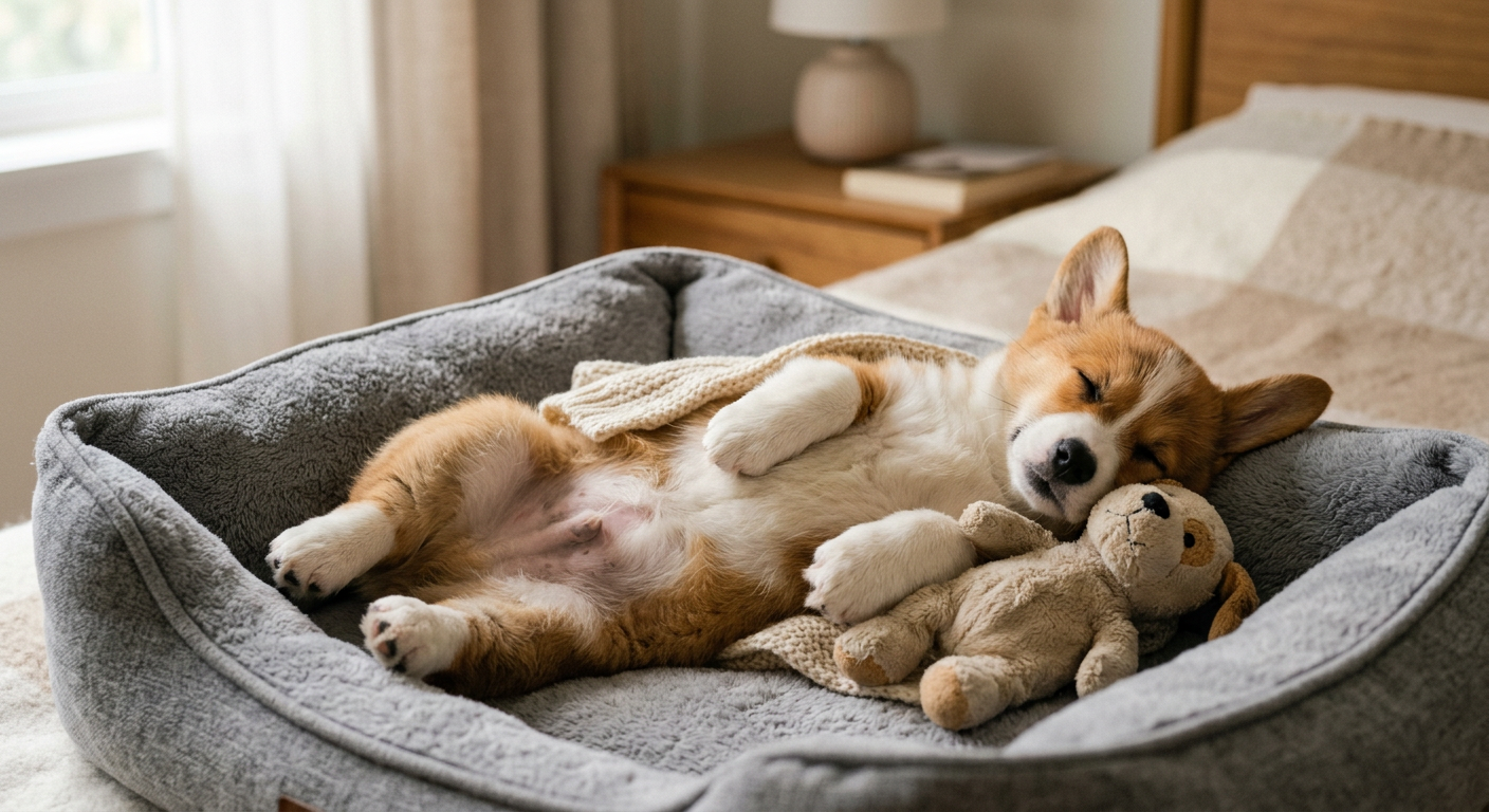 A fluffy Corgi puppy sleeping deeply on a plush dog bed with a heartbeat toy.