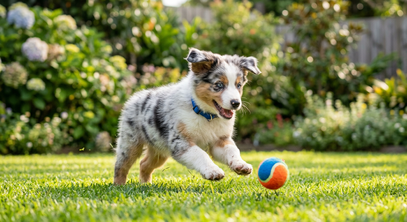 A young Australian Shepherd puppy playing with a ball on green grass during the day.