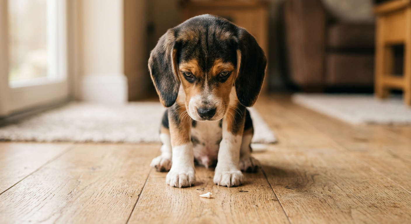 A young Beagle puppy sitting on a wooden floor looking at a small baby tooth that just fell out.