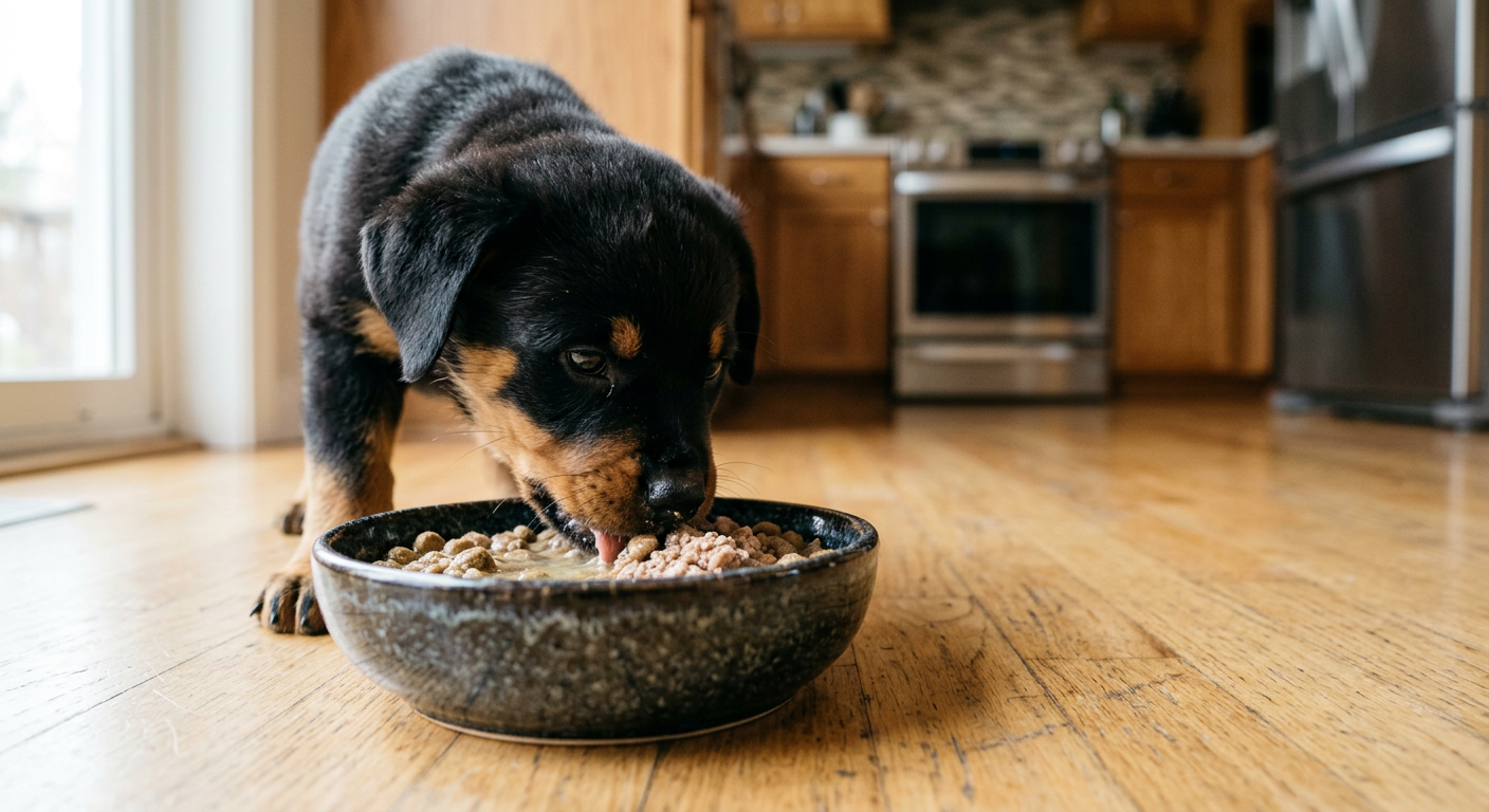 A bowl of puppy kibble mixed with warm water to create a soft mash for a teething dog.