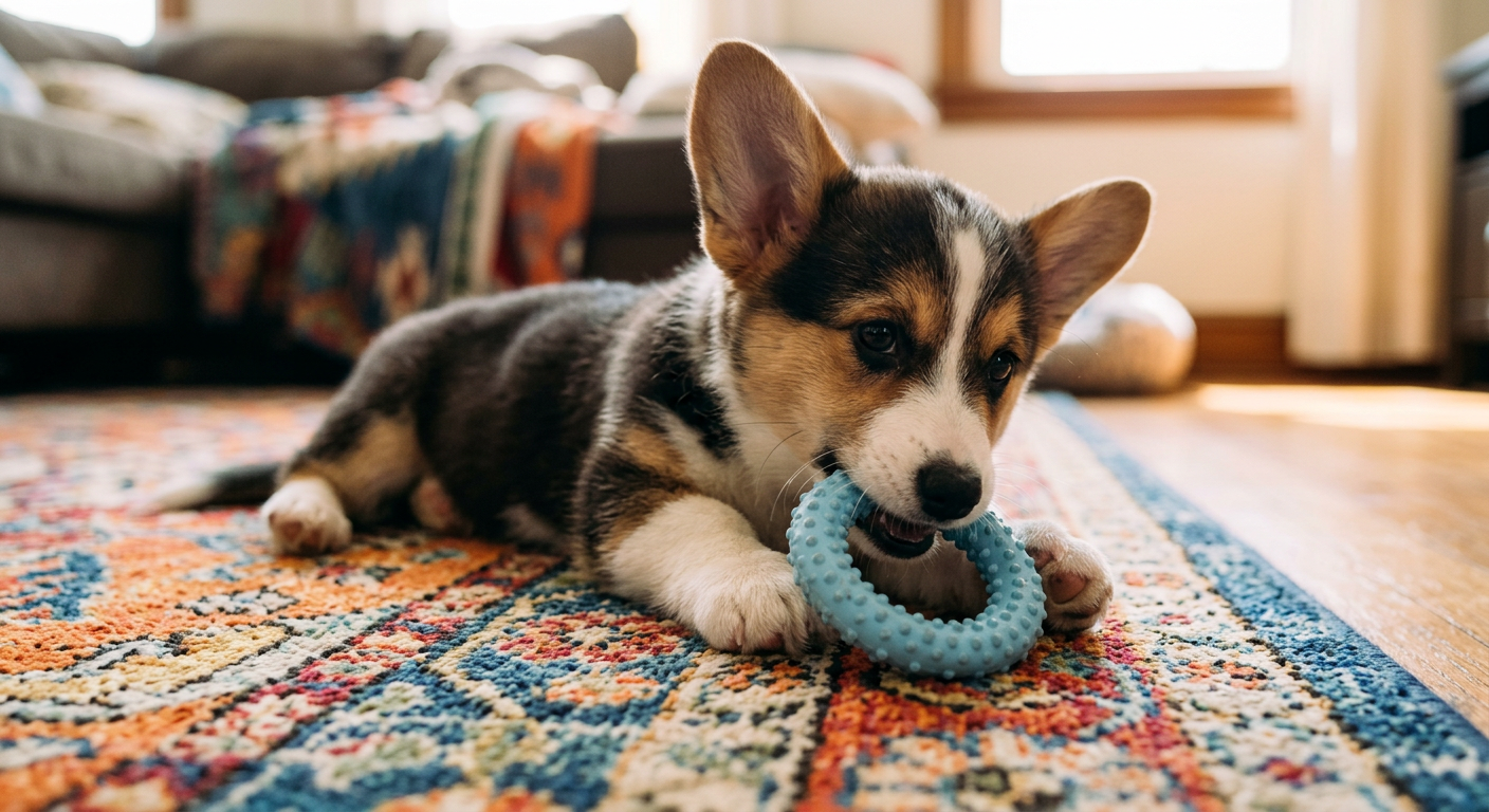 A Corgi puppy happily chewing on a blue textured rubber teething toy in a sunlit living room.