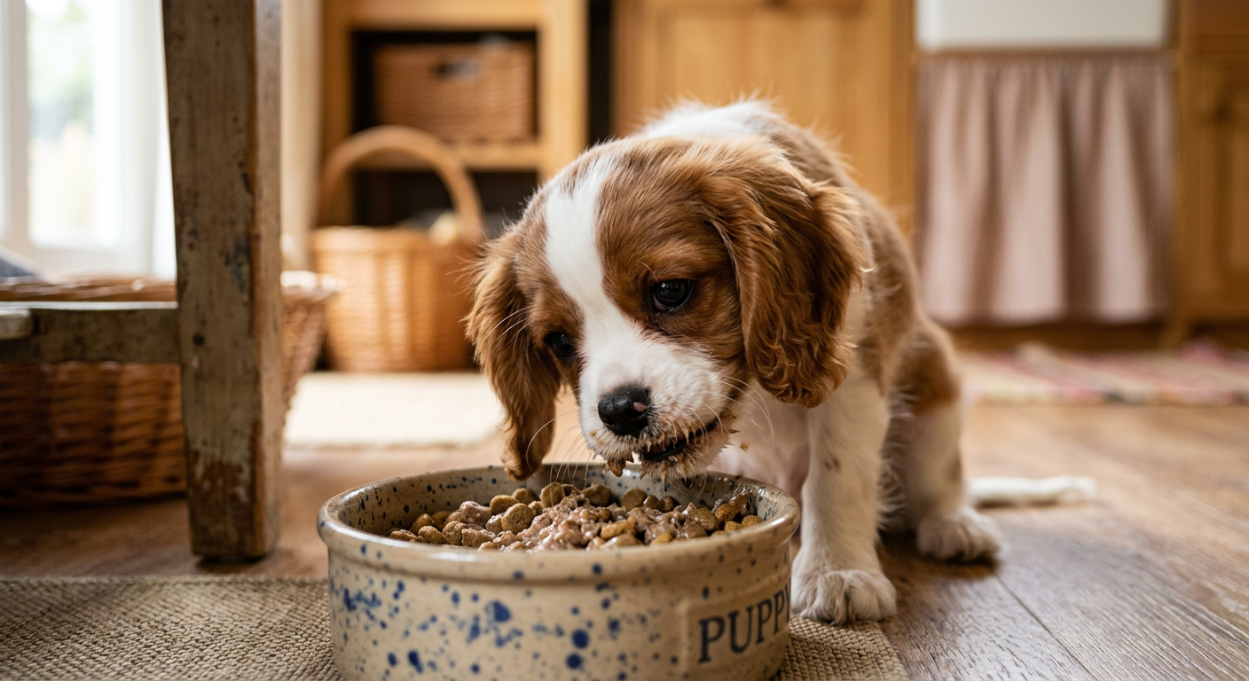 A fluffy golden puppy eating eagerly from a blue ceramic bowl on a wooden floor.