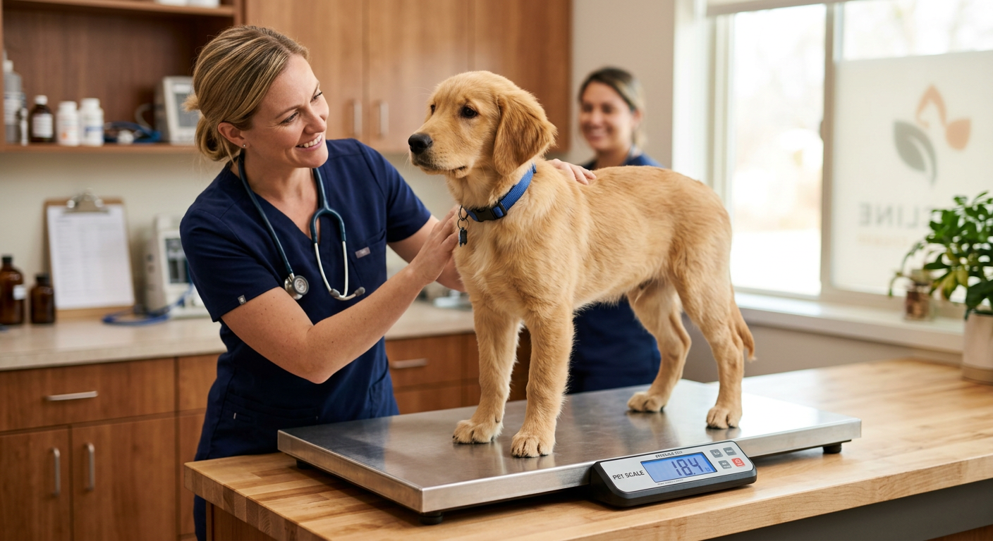 A young dog standing calmly on a digital scale in a bright veterinary office.