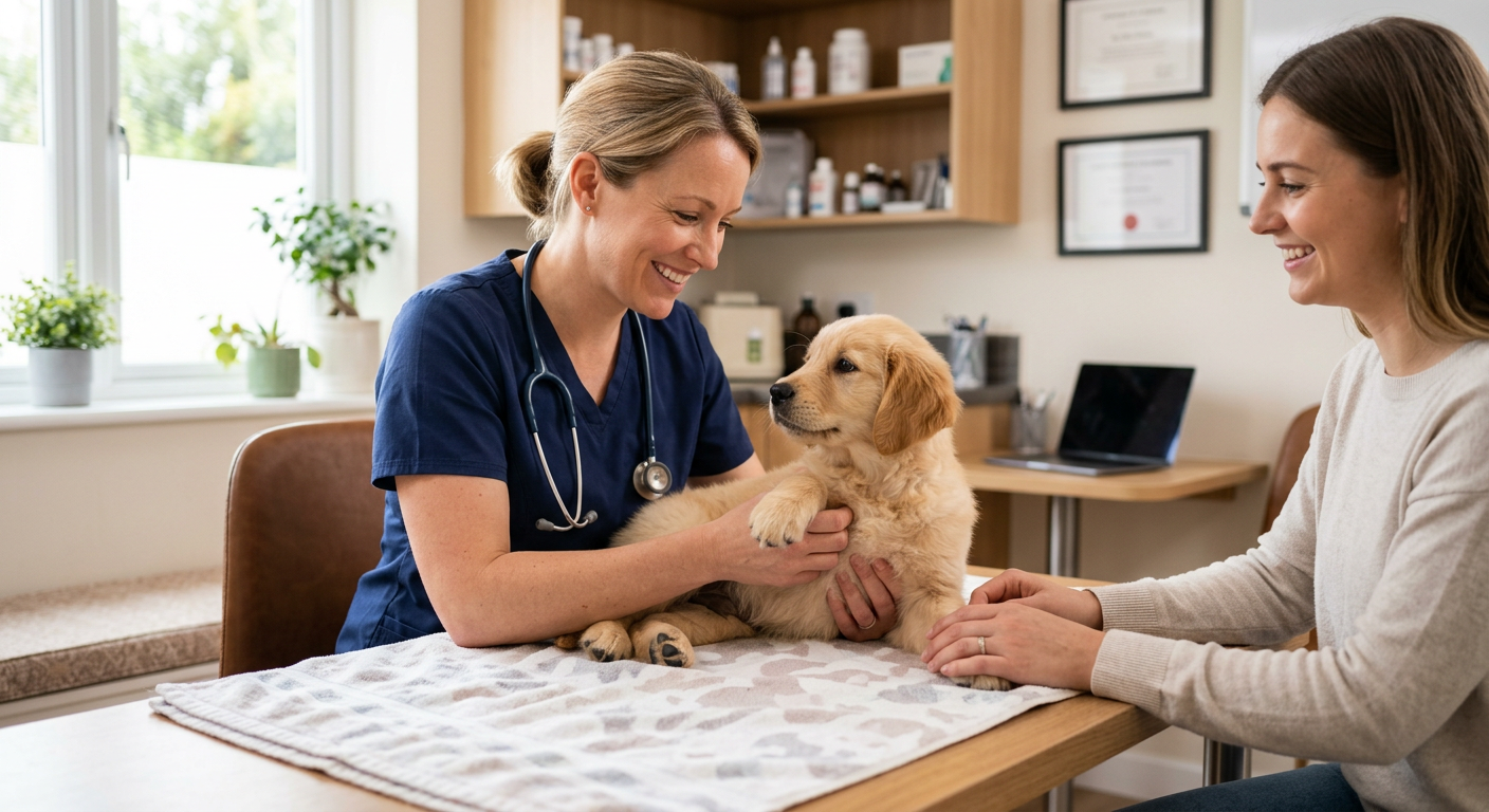 A friendly female veterinarian smiling while gently examining a small puppy on a silver table.