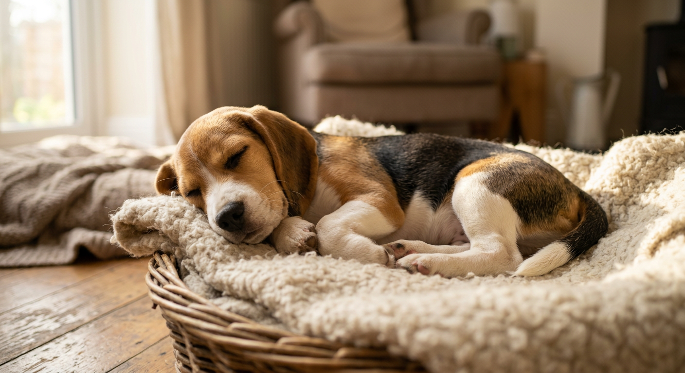 A small tri-color Beagle puppy curled up in a soft grey donut bed sleeping soundly.