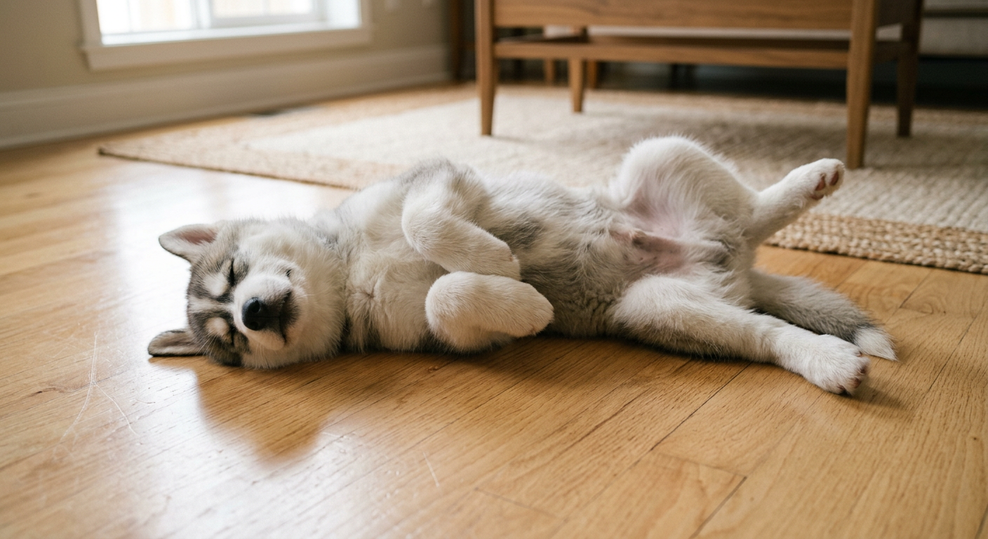 A fluffy Samoyed puppy sprawled out on its back while napping on a wooden floor.
